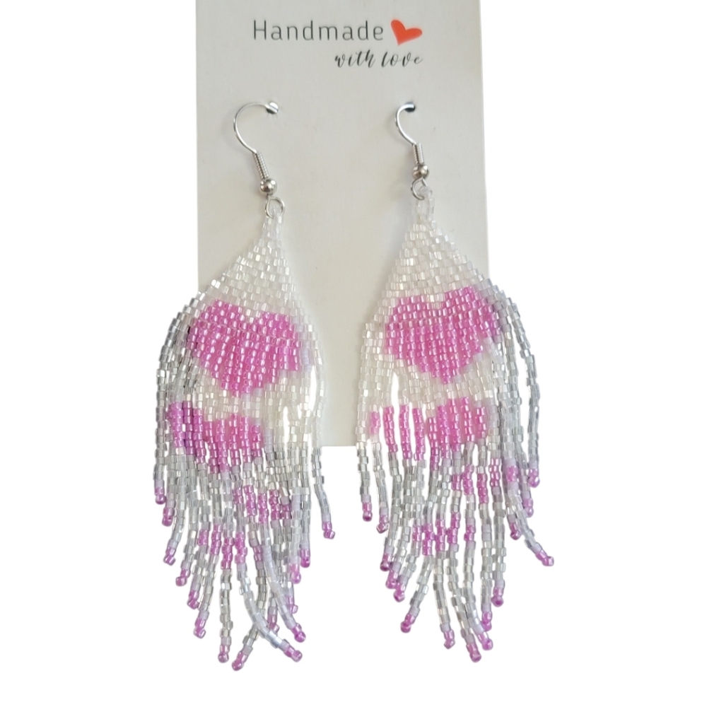 Artisan handcrafted Beaded Loom Pink Heart Earrings